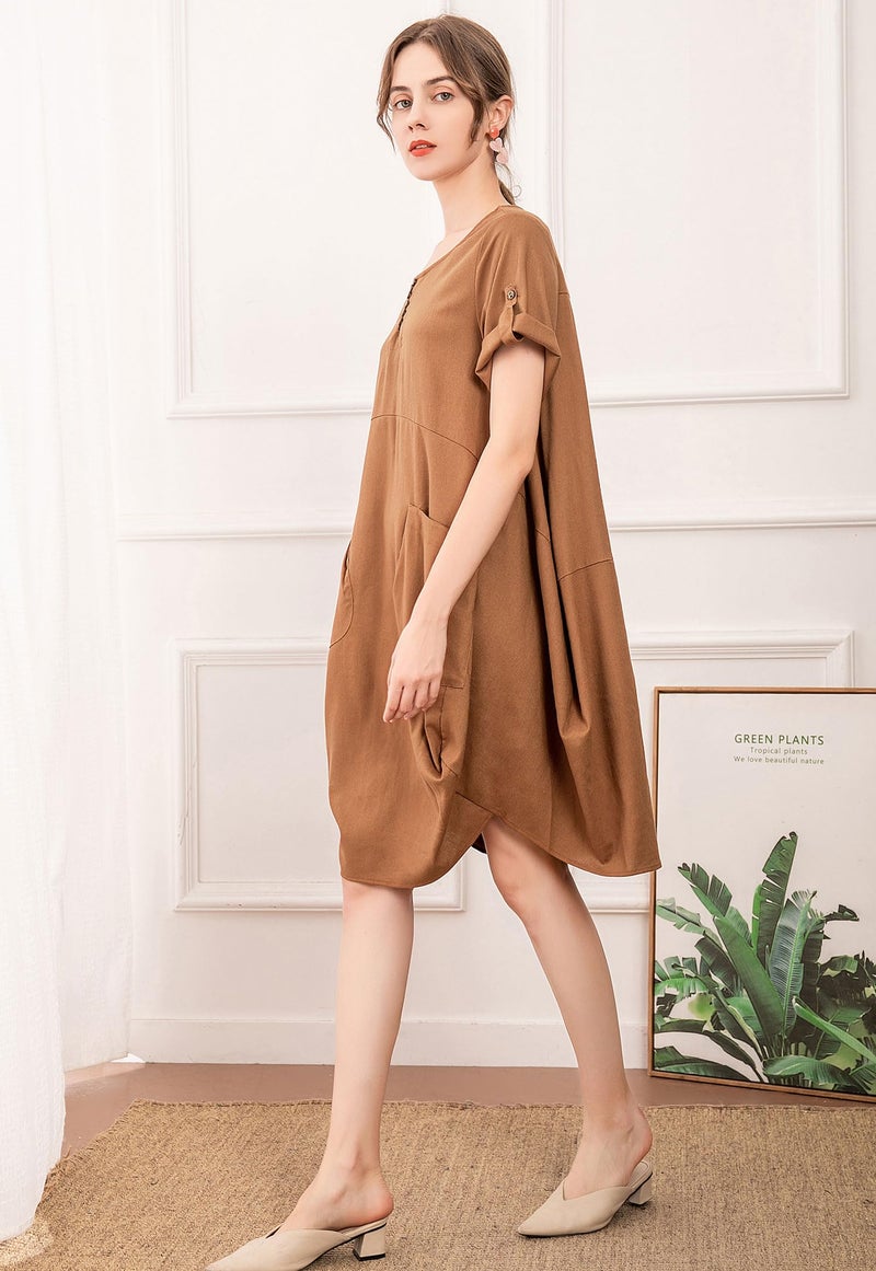 Minibee Women's Ruffle Oversize Casual Midi Dresses with Pockets Brown M - Image 2